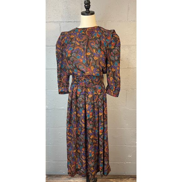 Vintage 1980s Sheer Floral Psychedelic Paisley Blouson Midi Dress Shirt Dress SM - Picture 4 of 10